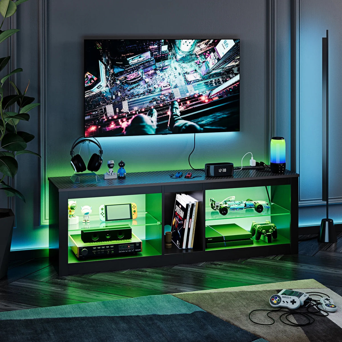 Bestier Entertainment Center with LED Lights TV Stand Media Console Table for TVs up to 60" in Light Grey