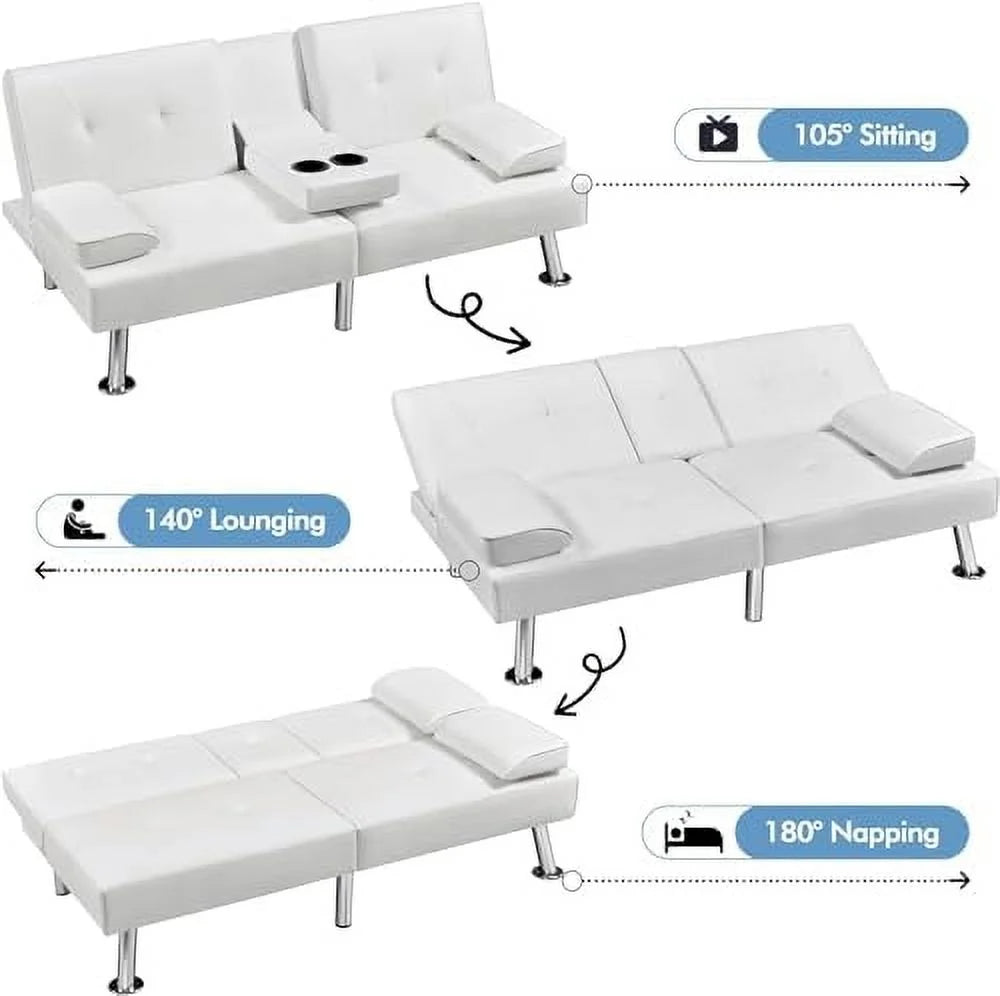 Convertible Folding Futon Sofa Bed Sleeper Couch for Living Room, Modern Faux Leather Upholstered Loveseat w/Removable Armrests, Metal Legs, 2 Cup Holders, Love Seat Sofa Bed for Small Spaces (Brown)