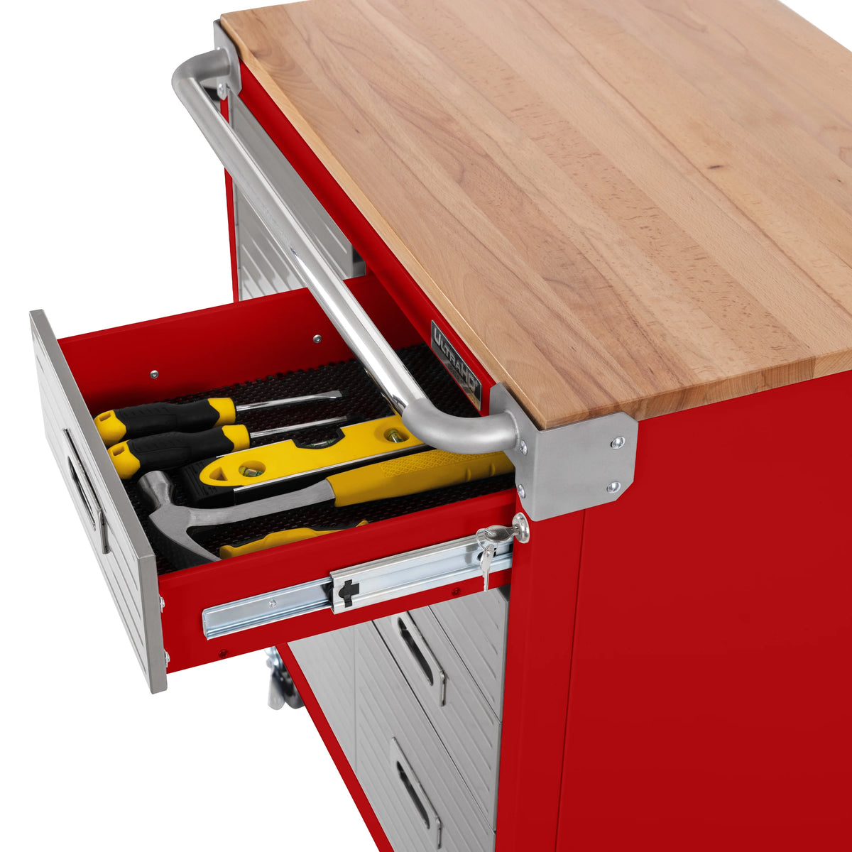 Seville Classics UltraHD® Heavy Duty Rolling Cabinet Workbench Table w/ Solid Wood Top, Workstation for Garage, Office, Workshop, Granite, 1-Door, 4-Drawer (28" W x 25" D)