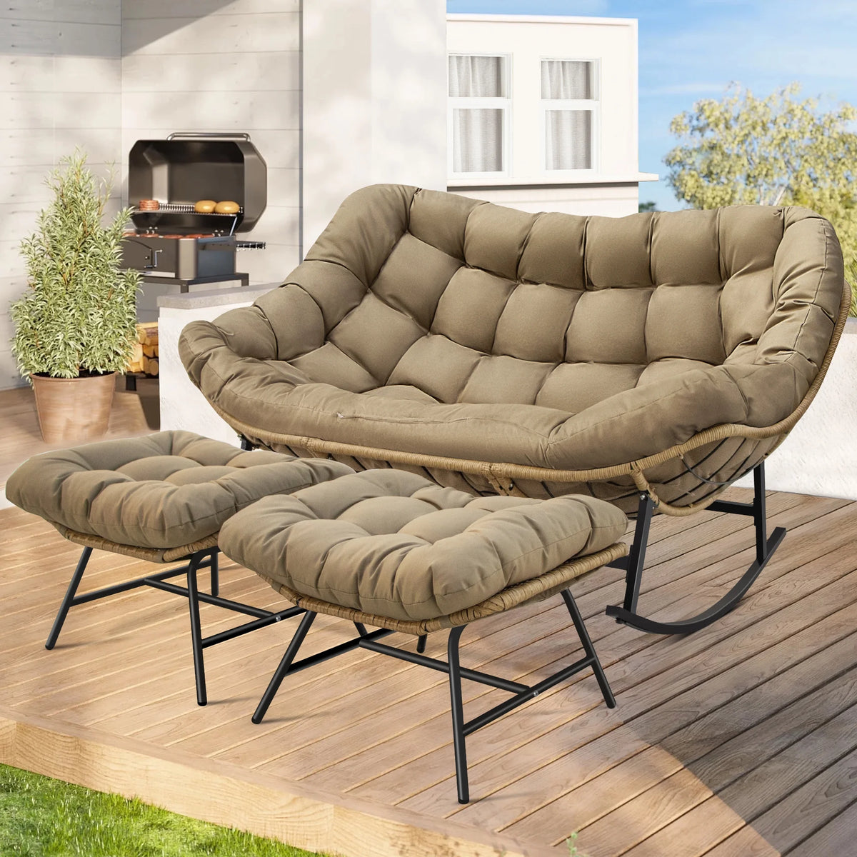 RADIATA Beige Double Outdoor Rocking Chair, 2 Person Patio Rocking Egg Chair with Thick Cushion