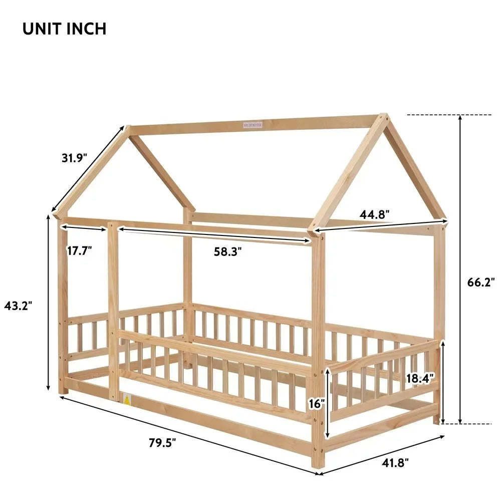 Twin Size House Bed for Boys and Girl, Wooden Canopy Bed Tent Bed, Playhouse Design Bed Frame with Full-lenth Guardrail, Bedroom Furniture, 79.5��L x 44.8��W x 66.2��H, White