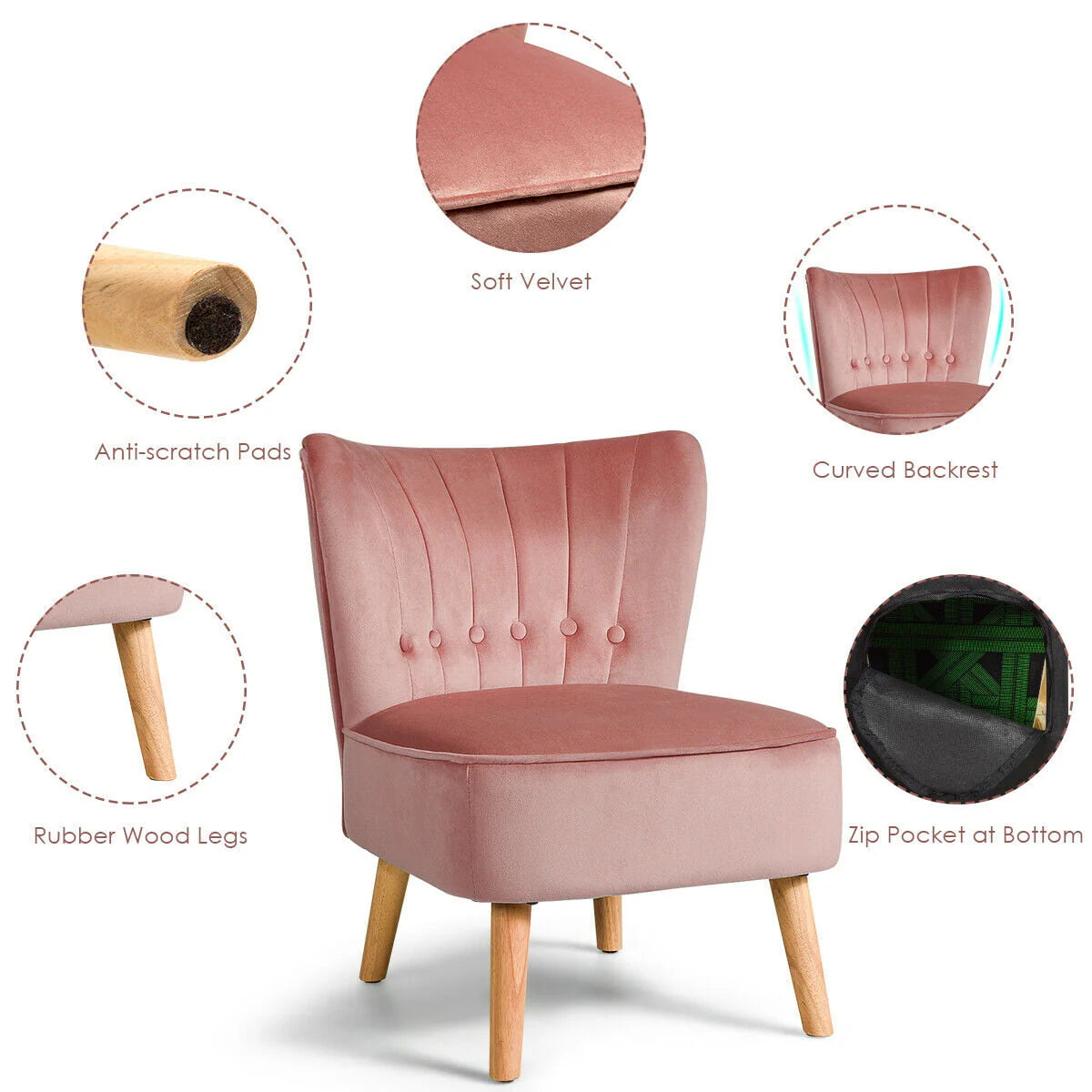 Gymax 2PCS Accent Chair Armless Leisure Chair Single Sofa w/ Wood Legs Pink