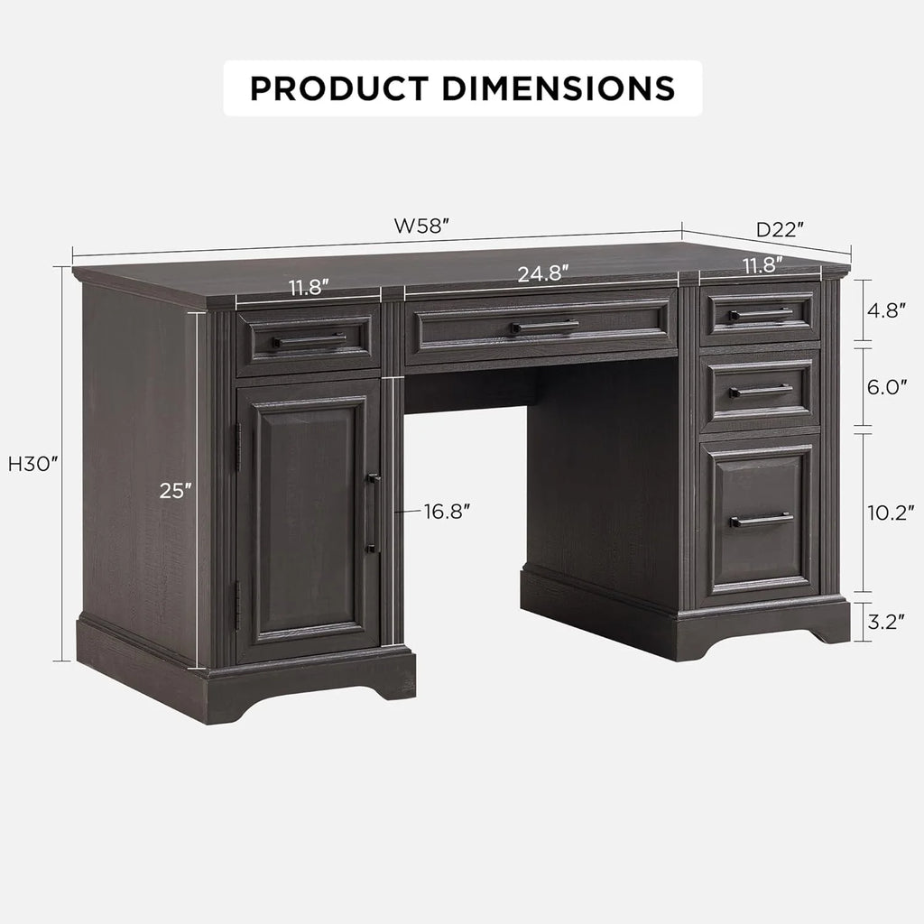 T4TREAM Farmhouse Wood 58" Executive Desk, Home Office 30" High Computer Desk with Drawers and Storage Cabinet, White