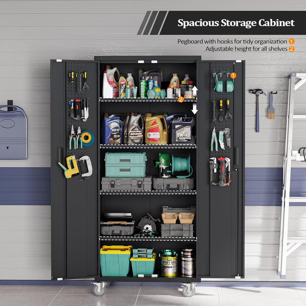 Ktaxon 72''H Garage Storage Cabinet with Pegboards, Metal Storage Cabinet with Wheels, Locking Doors and Adjustable Shelves, Black