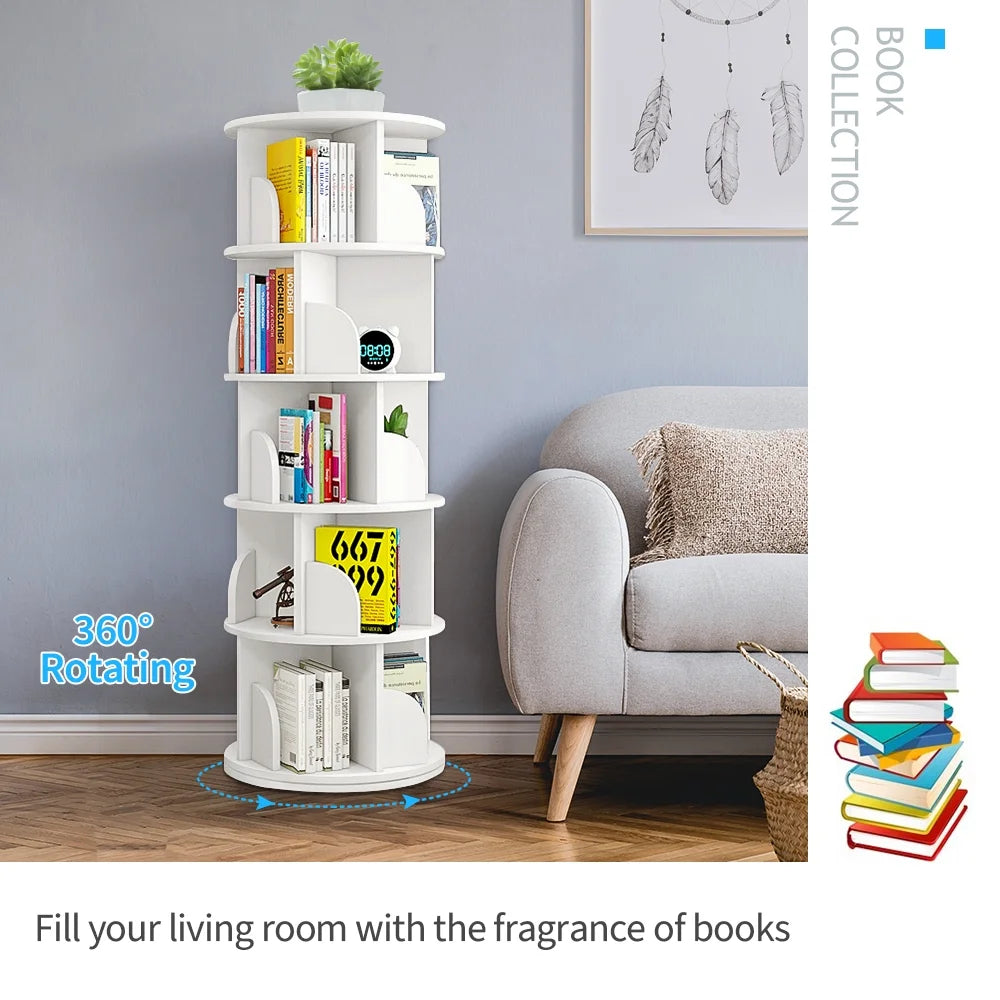 Bimiti 5 Tier Rotating Bookshelf, 360?�� Revolving Bookcase 20 Shelves Floor-Standing Storage Display Rack - White 63"x18"x18", Adult