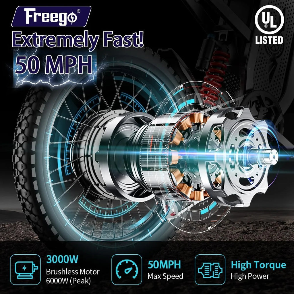 6000W(Peak) Motor 60V/35Ah Battery, Freego X2Pro Electric Motorcycle for Adults, Electric Bike  50MPH/7 Speed Off Road Electric Bicycle,19x2 Full Suspension/Four-Piston Hydraulic Brake UL2849MTB