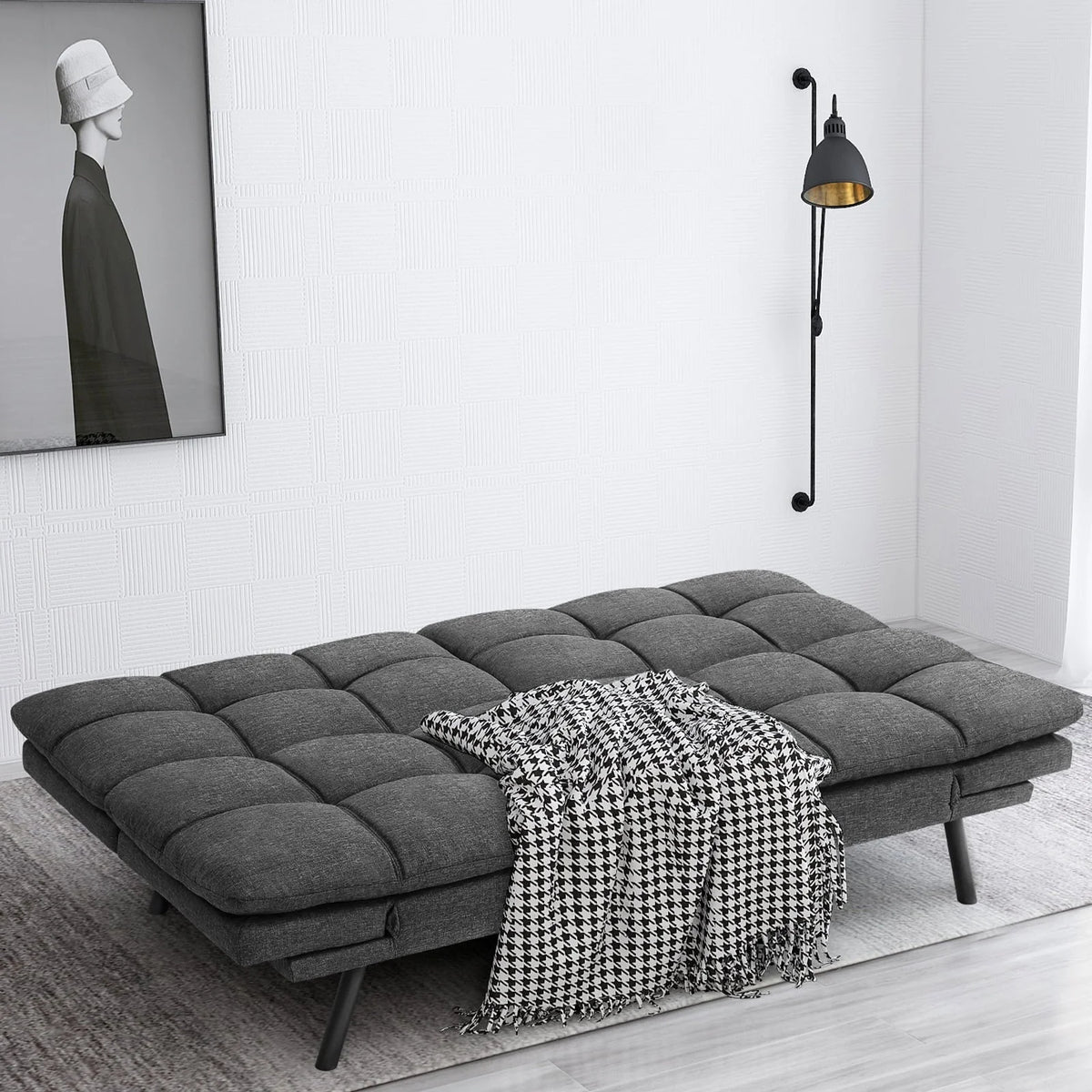 Convertible Memory Foam Futon Sofa Bed with Adjustable Armrests and Backrest,Gray