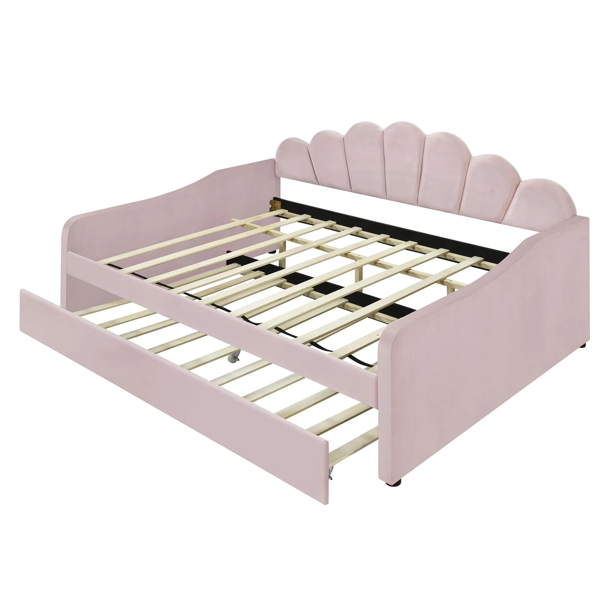 EUROCO Upholstery Full Size Platform Bed, Upholstered Daybed with Headboard and Trundle, Beige