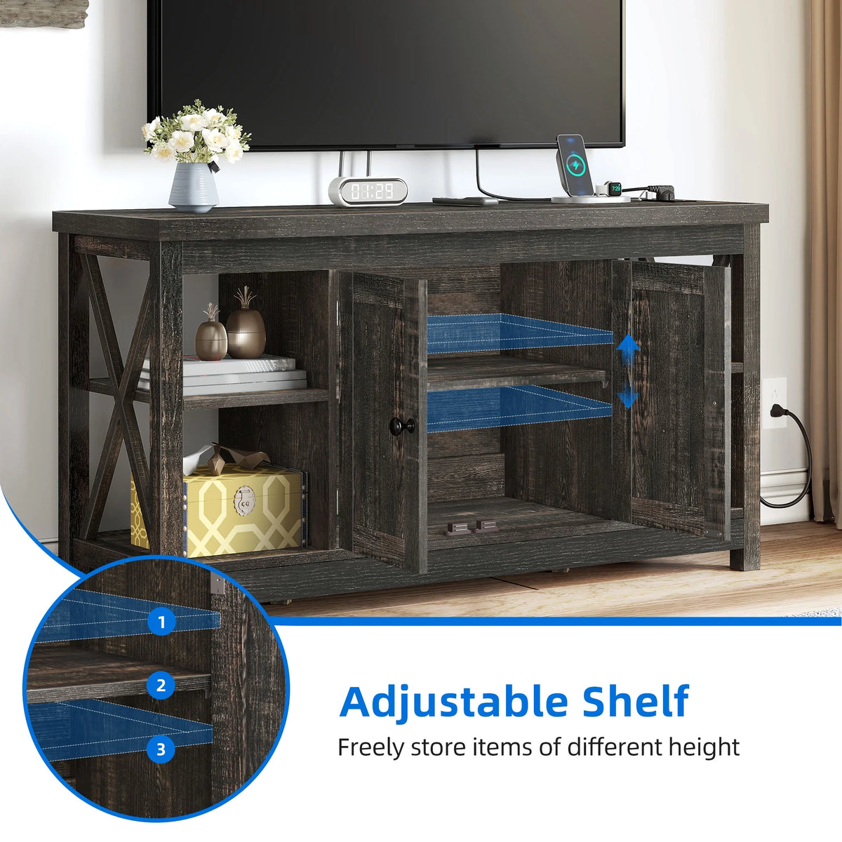 DWVO Farmhouse TV Stand with Built in Power Outlet, Entertainment Center with Storage, Wood TV Media Console for Living Room, White