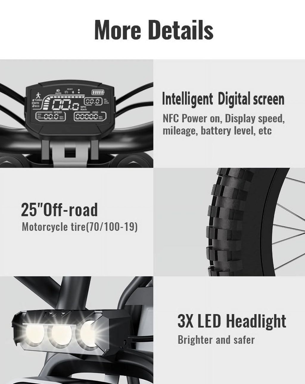 2000W Electric Dirt Bike for Adults Ridingtimes GT73 UL2849,Brushless Hub Motor,18.2AH*2 Electric Bike with 25\" tires digital screen Carbon Steel,Black
