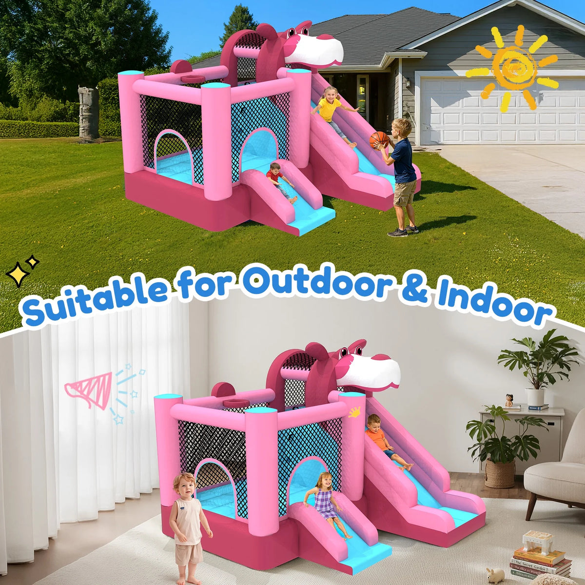 Mukidy 114''x 114'' x 92.5'' Inflatable Bounce Houses for Kids 3-10 with Blower Double Slide and Ball Pit/Indoor Bouncy House, PVC, Child, Teen, Toddler，Blue