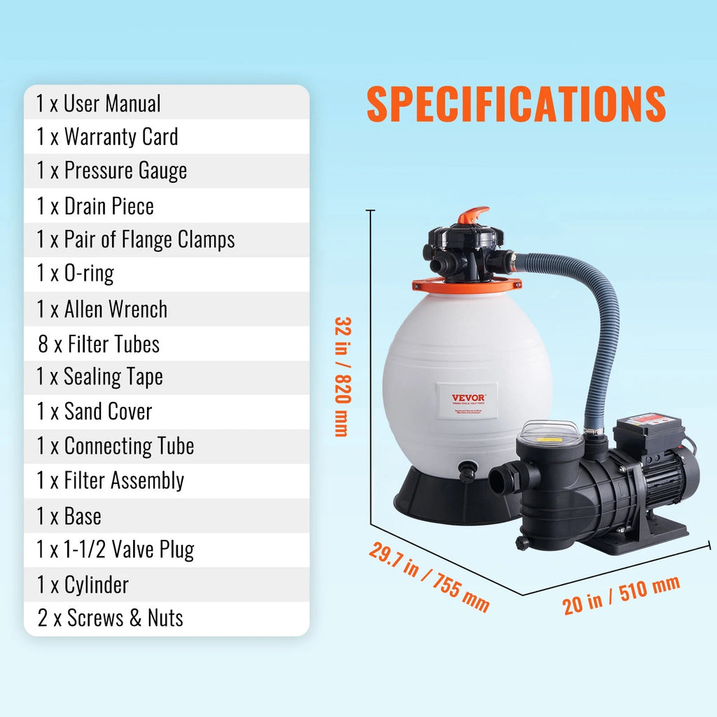 VEVOR Sand Filter Pump for Above Ground Pools, 16-inch, 3500 GPH,1 HP Swimming Pool Pumps System & Filters Combo Set with 6-Way Multi-Port Valve and Strainer Basket,for Domestic and Commercial Pools