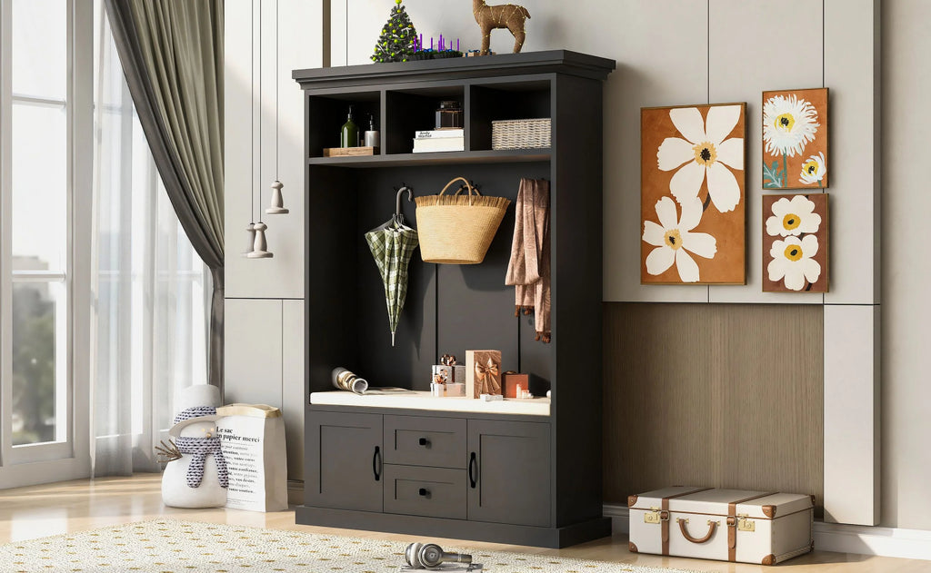 Triple Tree 3-in-1 Modern Wooden Tiger Entryway Bench Storage Cabinet Hall Tree