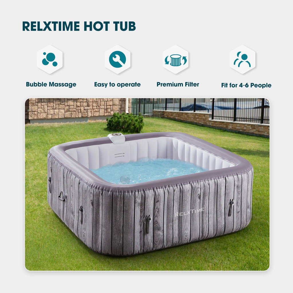 RELXTIME Inflatable Hot Tub 4 to 6 Person 73 Inch Outdoor Square Portable Home Spa with 130 Soothing AirJets,Spa Cover