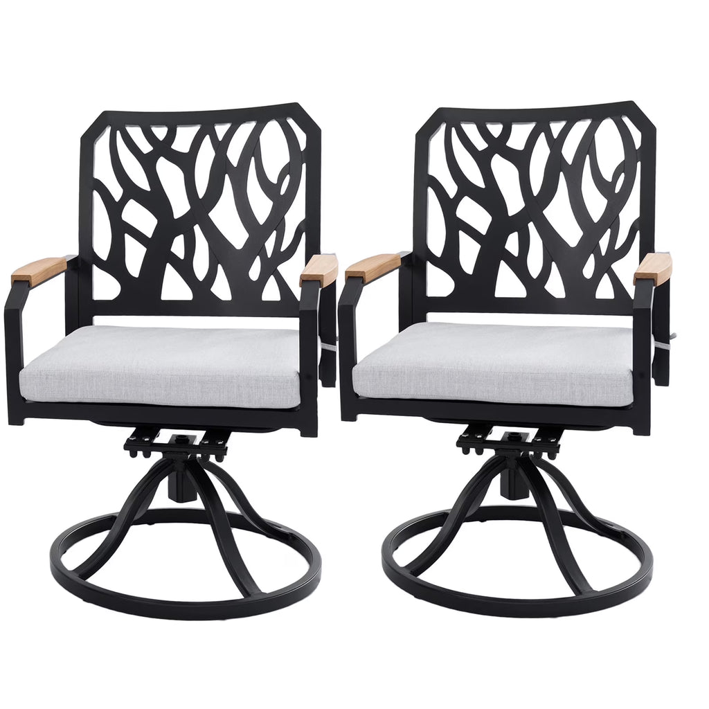 Outdoor Patio K/D Aluminum Stationary Dining Chairs 2PCS with Outdoor-grade Sunbrella Fabric Cushions, Branch-Like Backrest ,FSC-Certified Wood Armrests, Bourbon Brown
