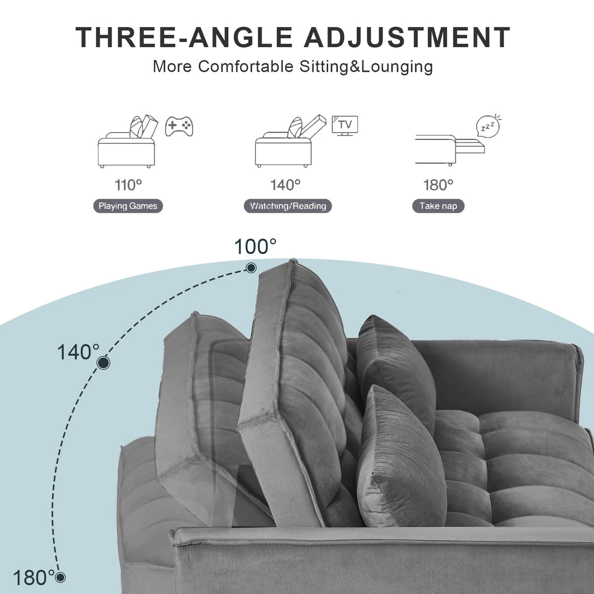 BINBANK Black Velvet 3-in-1 Convertible Sleeper Sofa Bed a?? USB Charging, Adjustable Backrest Pull-Out Futon Loveseat Couch for Living Room, Apartment & Small Space