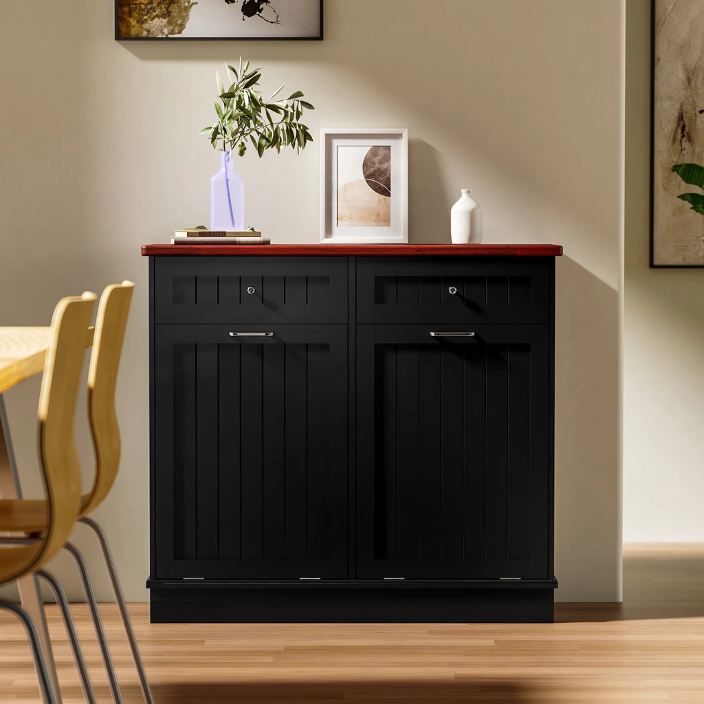 GETYES Double Tilt Out Trash Cabinet, Wooden Recycling Cabinet, 35.83 x 12.99 x 39.37 inches, White