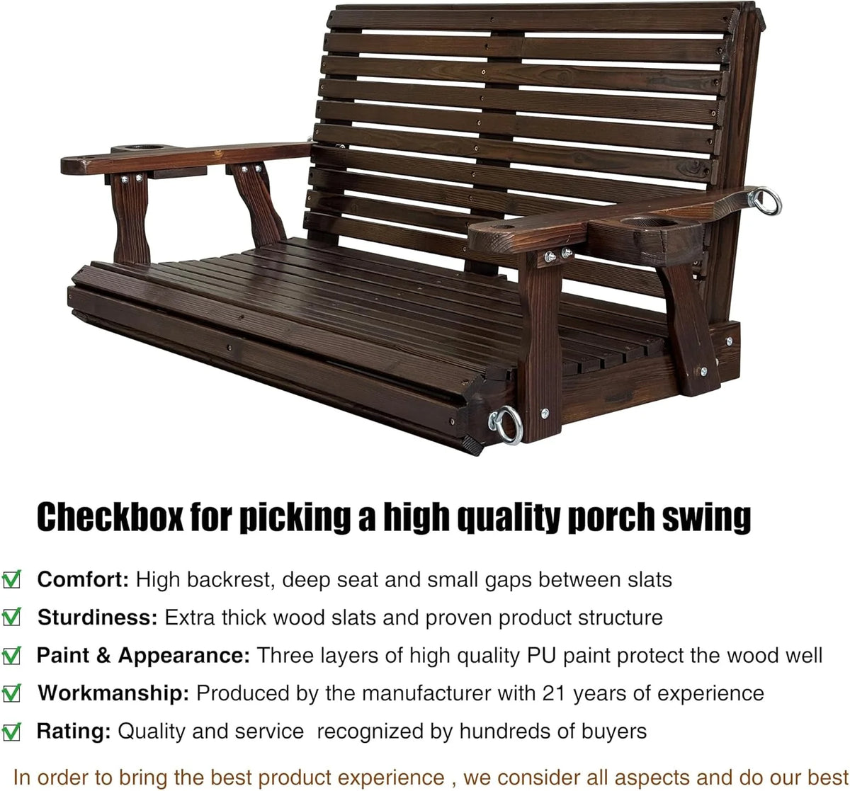 Fortune Candy 3 Person Outdoor Wood Hanging Swing, Heavy Duty 880 lbs Wood Porch Swing, Brown-5ft