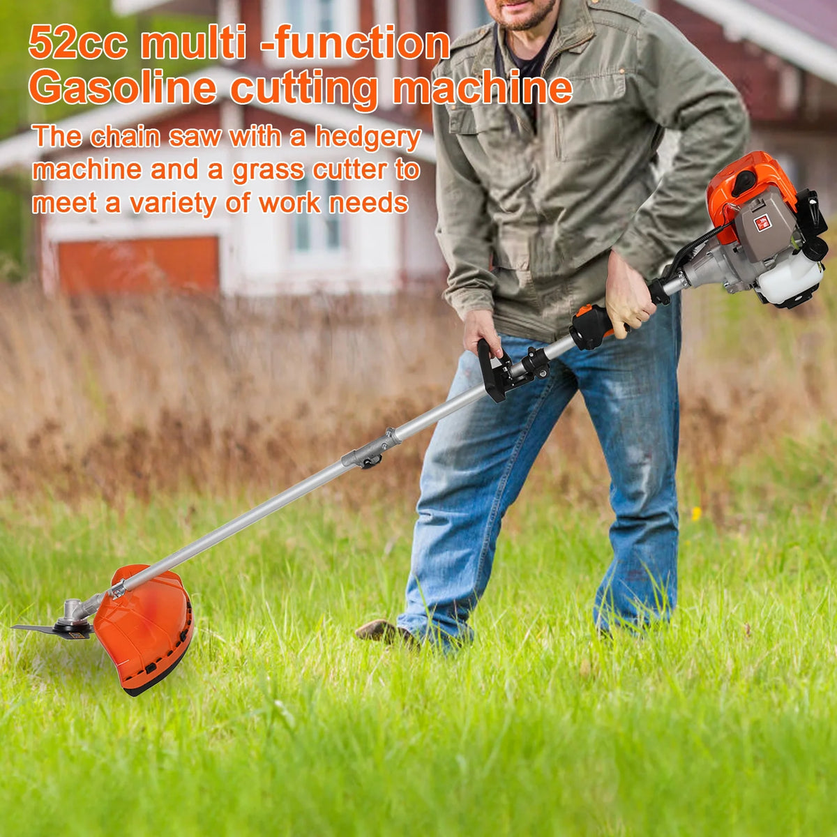 Gas Weed Eater 52cc, Powerful 2-Stroke Engine Weed Wacker with Multi-Function Attachments, 9500rpm Gas Powered Brush Cutter, Orange, for Lawn & Garden