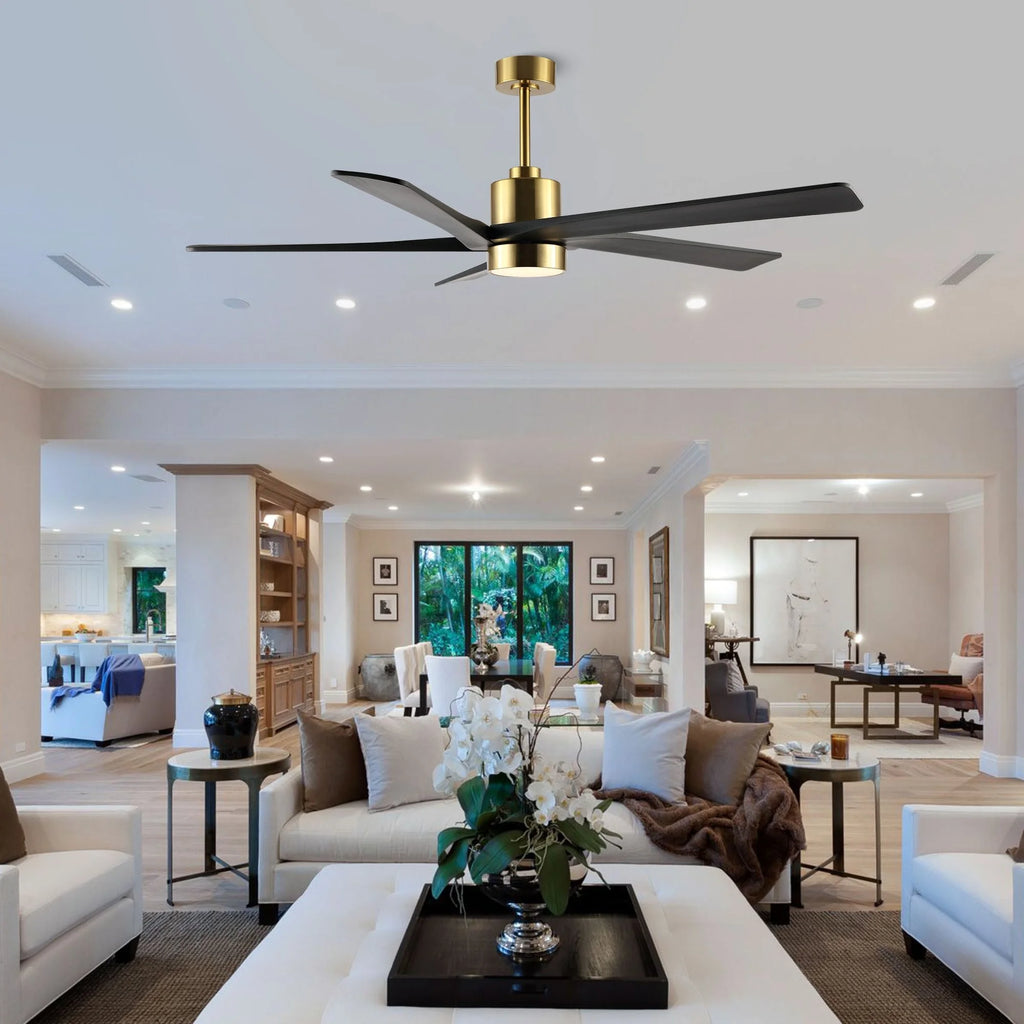 WINGBO 64 Inch DC Ceiling Fan with Lights and Remote Control, 5 Reversible Carved Wood Blades - N/A Matte Black/Walnut