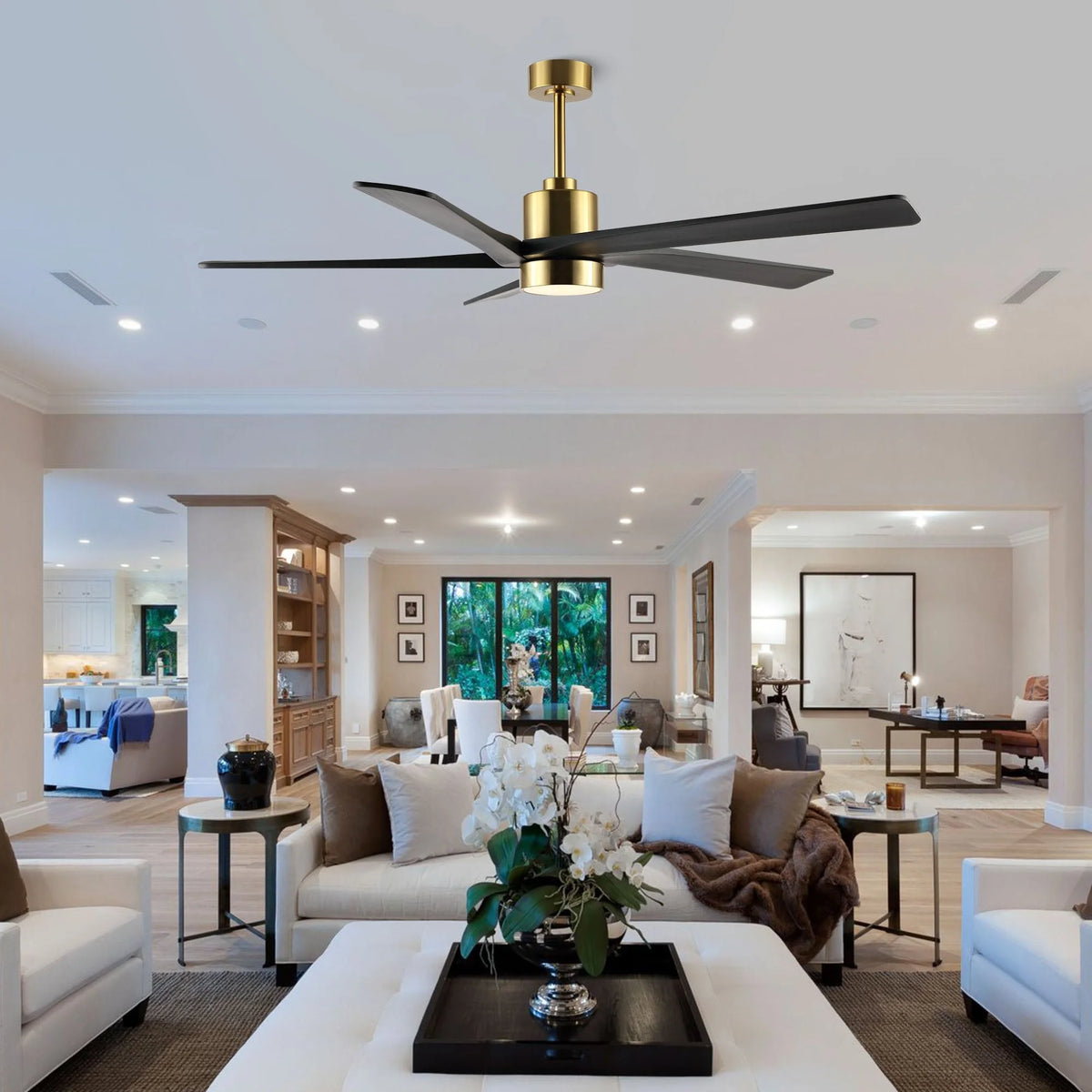 WINGBO 64 Inch DC Ceiling Fan with Lights and Remote Control, 5 Reversible Carved Wood Blades - N/A Matte Black/Walnut