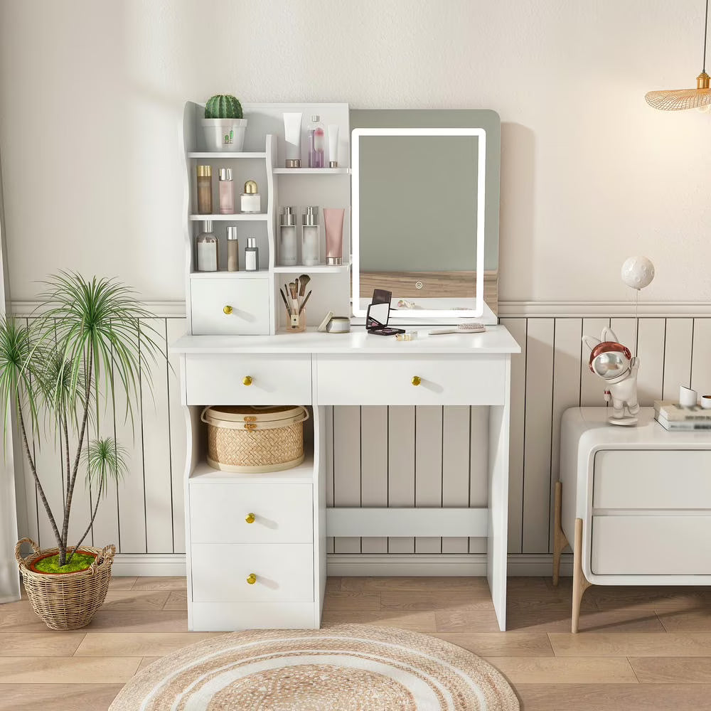 Kadyn Vanity Desk with Lighted Mirror, Vanity Table and Chair Set with 2 Drawers, Dressing Table Makeup Desk with 1 Door, Retro Gray