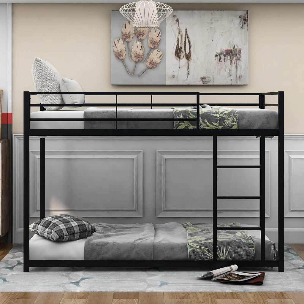 Euroco Twin Metal Low Bunk Bed with Ladder, Black