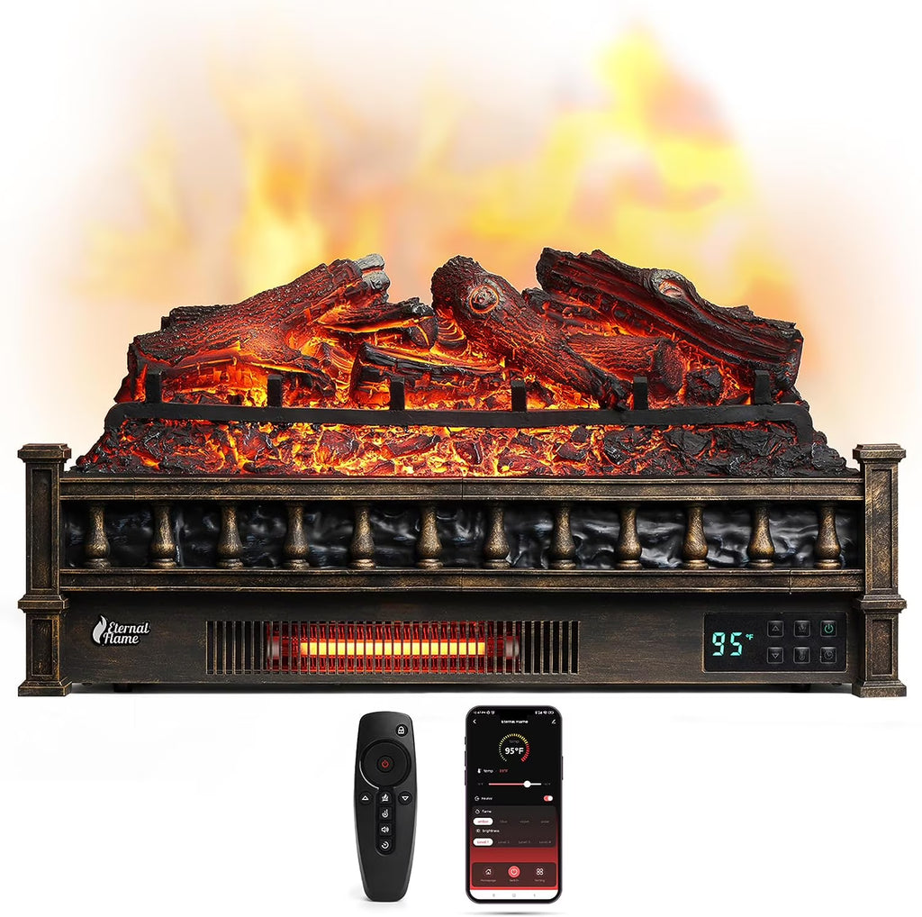 TURBRO Eternal Flame 26 in. WiFi Infrared Quartz Electric Fireplace Log Heater with Sound Crackling, Realistic Pinewood Logs, Adjustable Flame Colors, Remote Control, Thermostat, Timer, 1500W Bronze