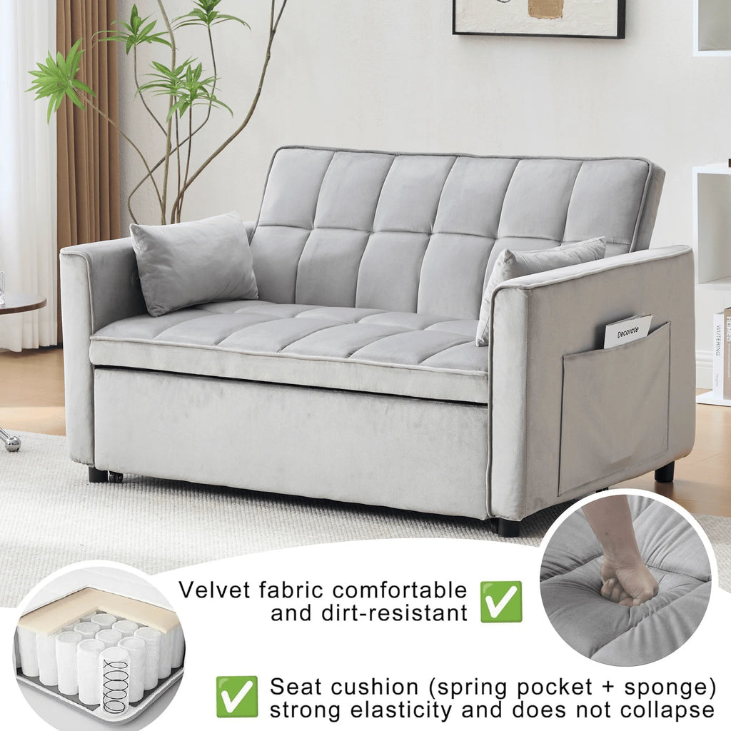 BINBANK Black Velvet 3-in-1 Convertible Sleeper Sofa Bed a?? USB Charging, Adjustable Backrest Pull-Out Futon Loveseat Couch for Living Room, Apartment & Small Space