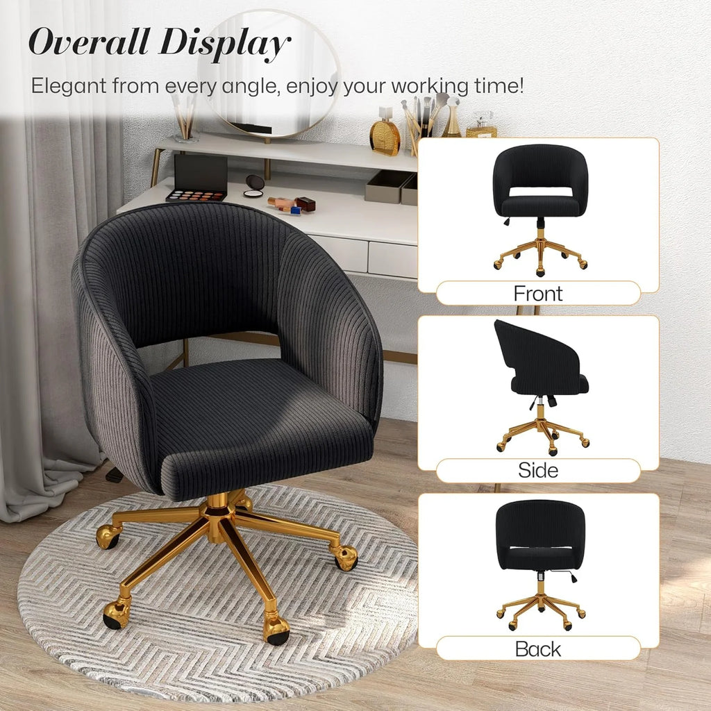 Home Office Swivel Desk Chair, Modern Velvet Vanity Chair, Height Adjustable Armchair with Gold Base, Ergonomic Office Chair for Task Study Computer Room, Beige