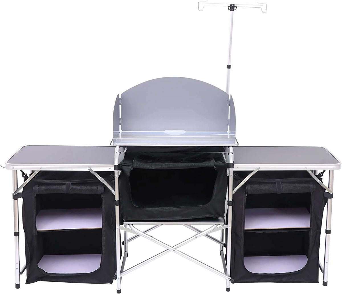 C Camping Kitchen Table, Folding Table, Upgrade Light Stand and Windshield Cooking Station & 3 Organizers, Carry Bag for Outdoor, Beach, BBQ, Picnic, Cooking, Indoor, Office
