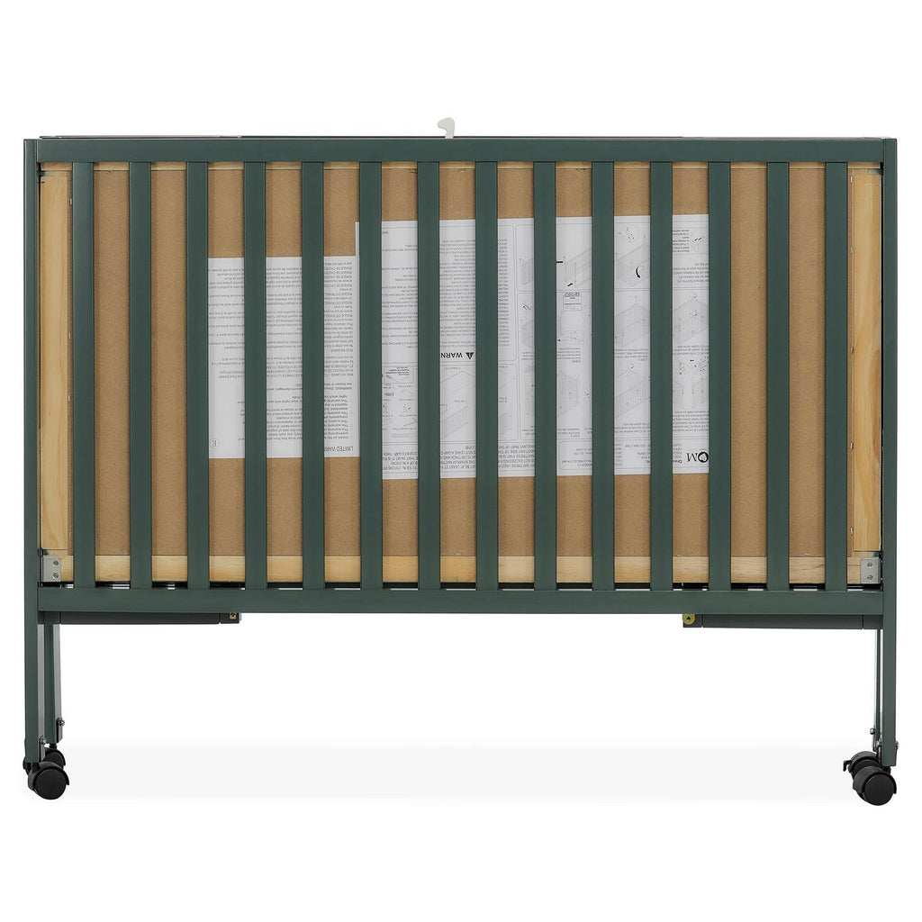 Dream On Me Quinn Full-Size Folding Crib. Removable Wheels. Modern Nursey. Adjustable Mattress Support. Patent Folding System in Olive