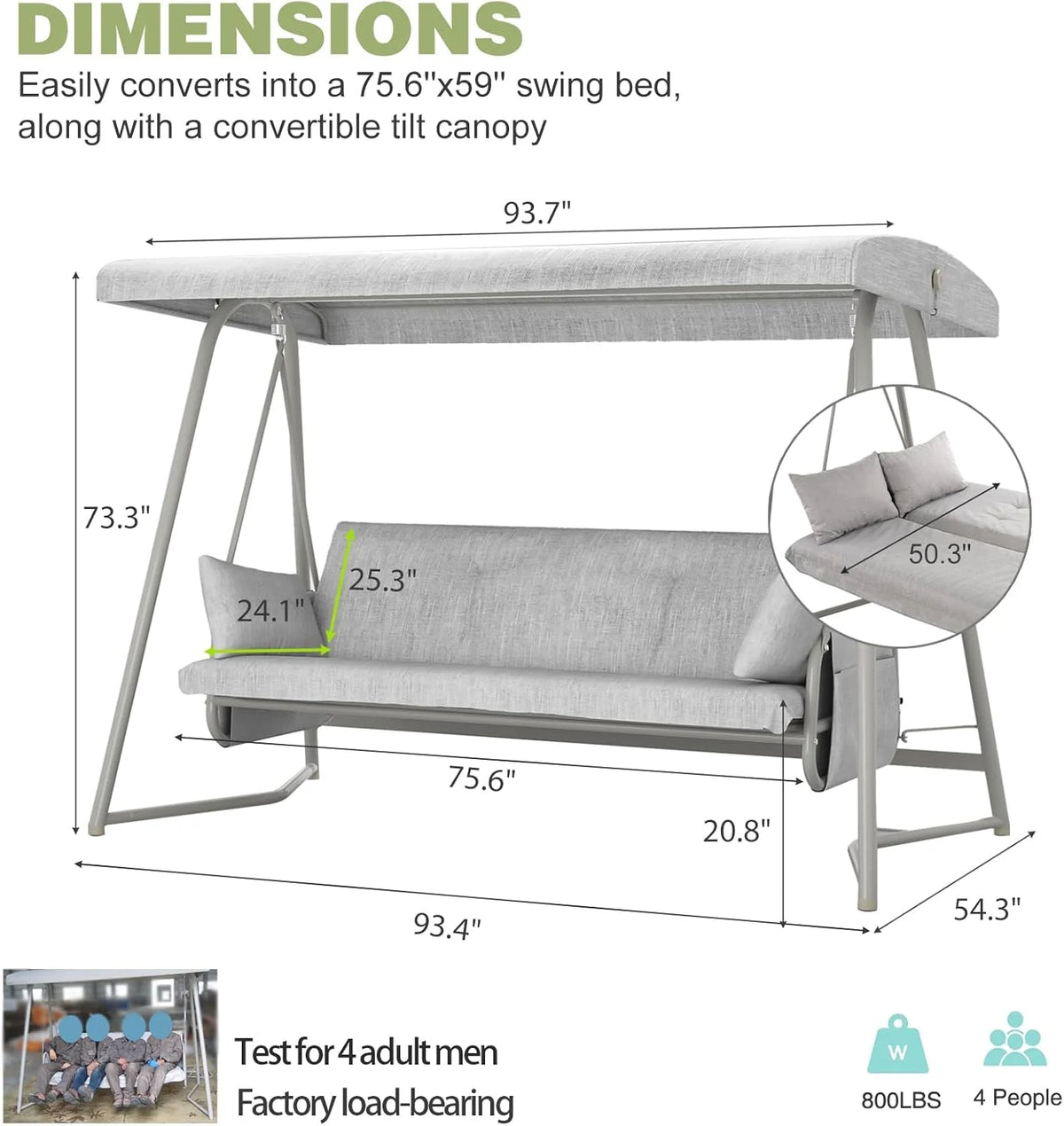 TQKVIPI Oversized 4 Person Outdoor Porch Swing with Adjustable Backrest Canopy,2-in-1 Swing Bed 800 lbs Capacity,Patio Swing with Removable Cushions for Yard Garden Poolside Balcony