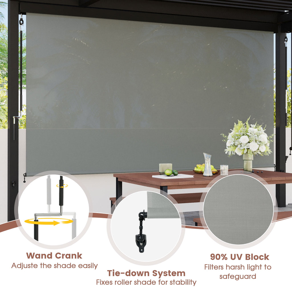Vicllax 7'Wx8'H Outdoor Roller Shades Blinds for Patio Porch Crank Operation Solar Fabric, Light Gray
