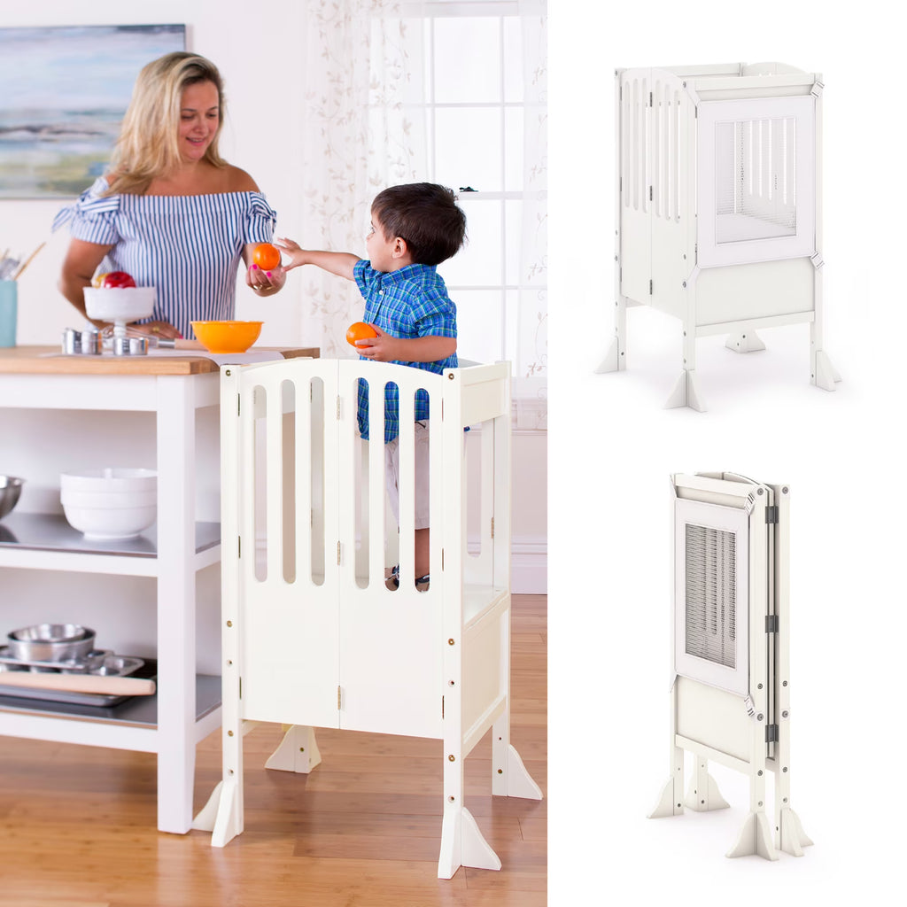 Guidecraft Contemporary Kitchen Helper Step Stool - White: Adjustable, Folding Montessori Toddler Tower - Safety Learning Furniture