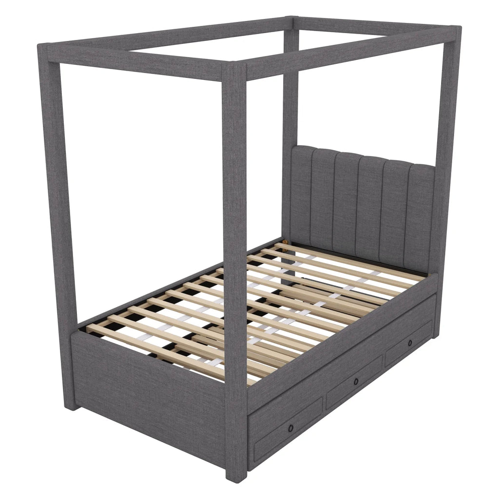 Harper & Bright Designs Twin Size Upholstery Canopy Platform Bed with Trundle and 3 Storage Drawers, Captain Platform Bed Frame with 4-Poster Canopy Roof, Beige