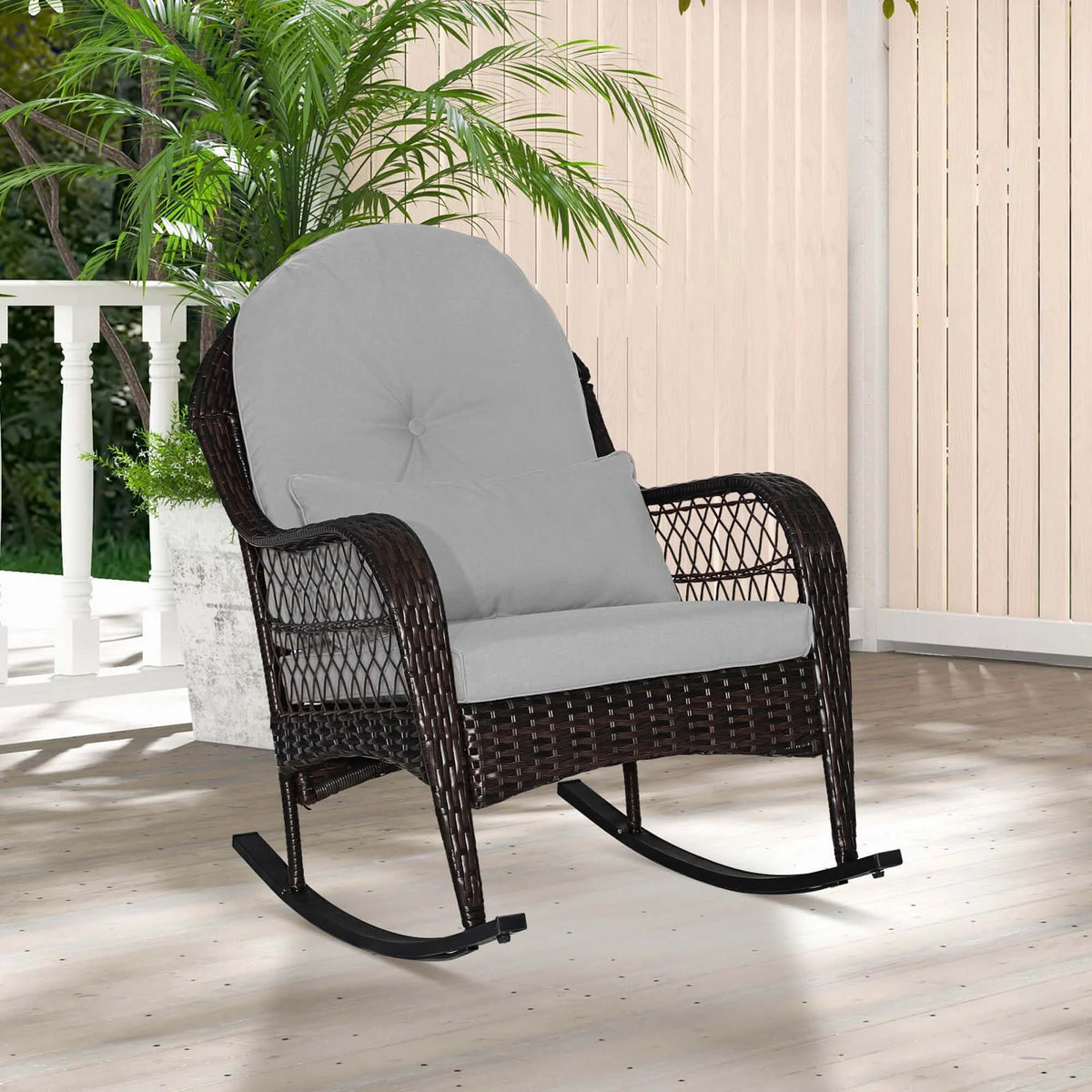 Costway Patio Wicker Rocking Chair W/Seat Back Cushions & Lumbar Pillow Porch Off White