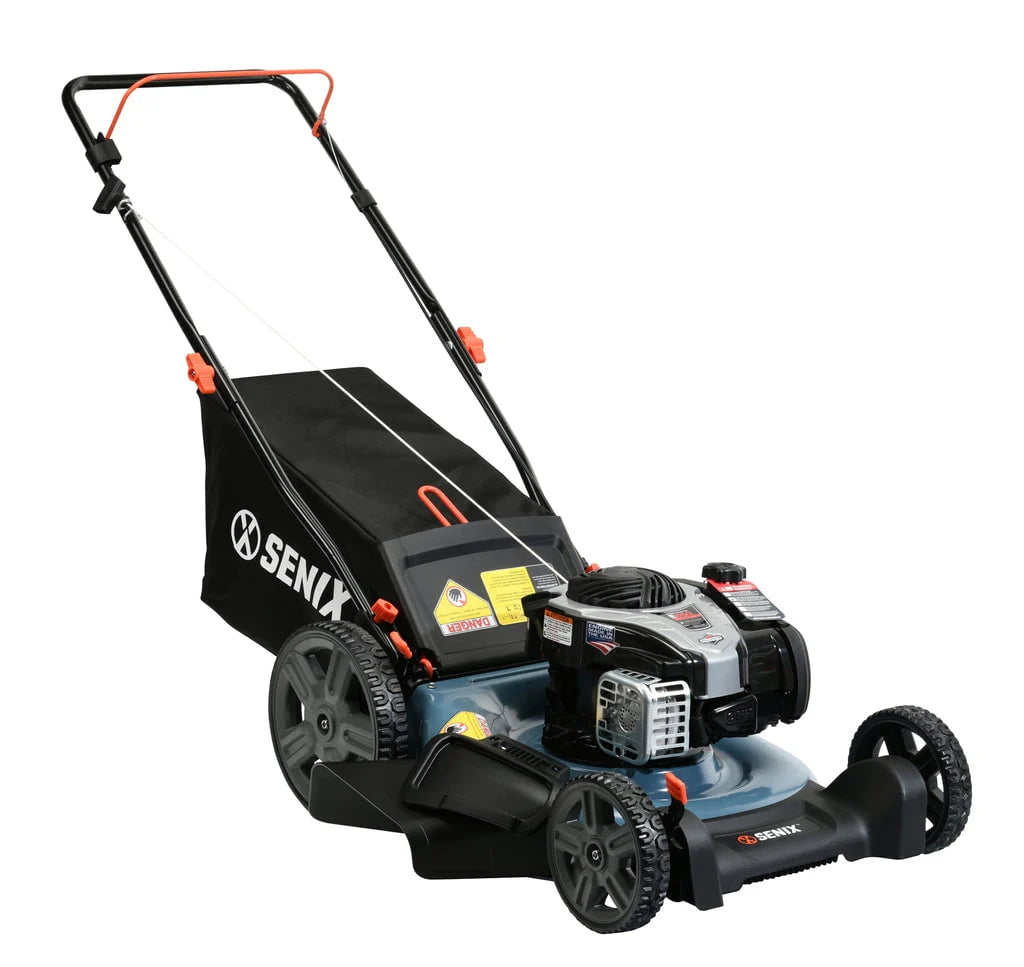 SENIX Gas Lawn Mower, 21-Inch, 140 cc 4-Cycle Briggs & Stratton Engine, 3-In-1 Push Lawnmower, 6-Position Height Adjustment with 11-Inch Rear Wheels, LSPG-M7, Blue