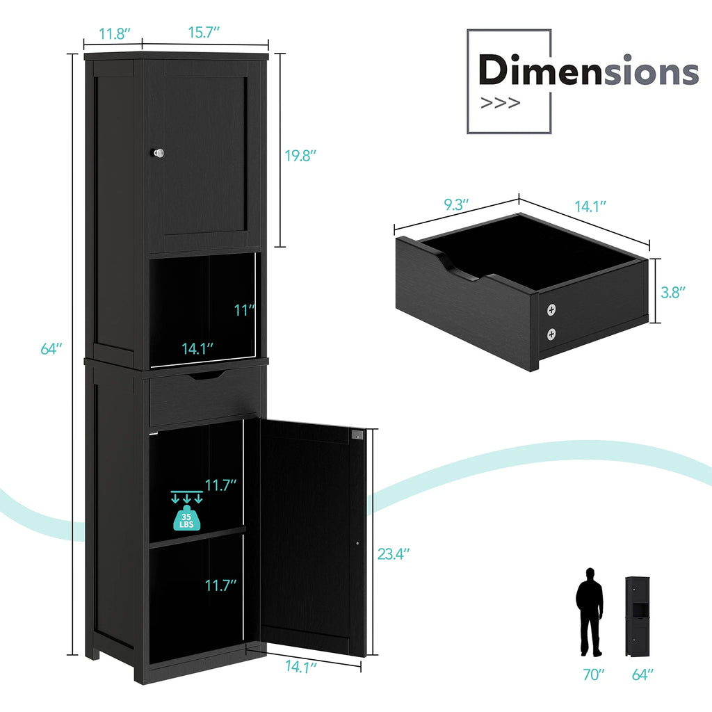 Walsunny Bathroom Storage Cabinet 64" Tall Wooden Kitchen Cupboard Pantry Cabinet with Doors Shelves Drawer Black