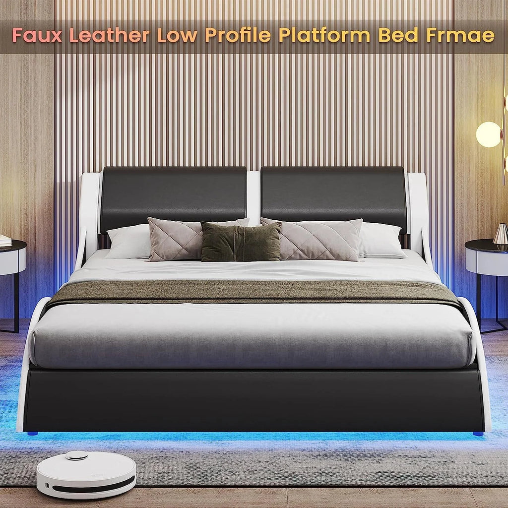 Queen Size Bed Frame with LED Lights,Modern Platform Bed Frame with Upholstered Headboard,Faux Leather Wave Like Low Profile Bed Frame,No Box Spring Needed,Black