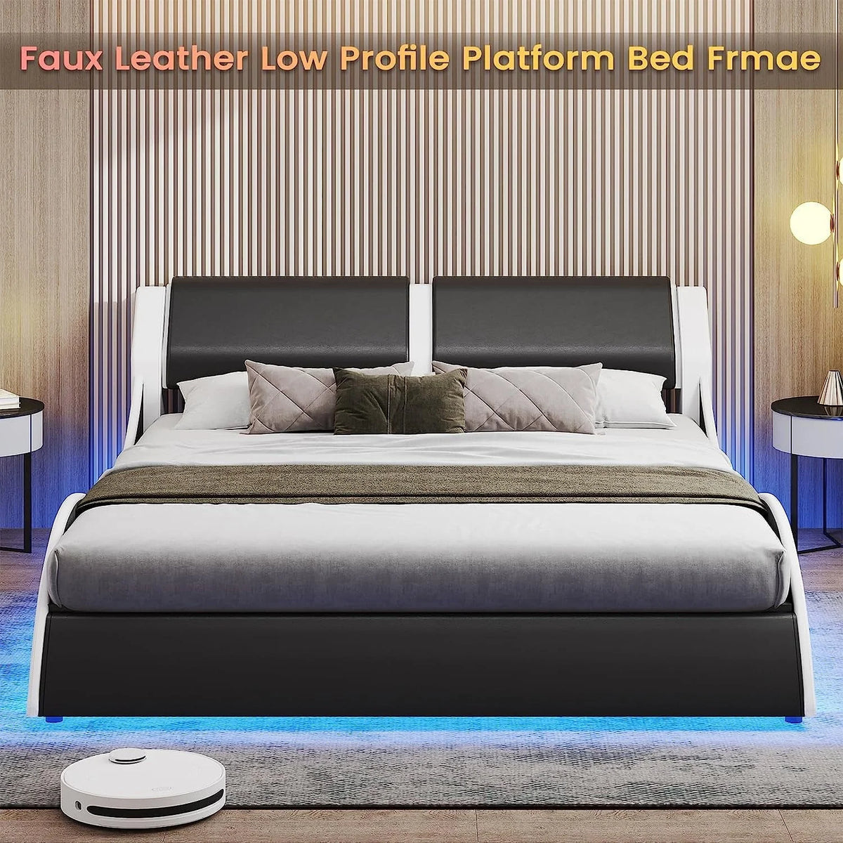 Queen Size Bed Frame with LED Lights,Modern Platform Bed Frame with Upholstered Headboard,Faux Leather Wave Like Low Profile Bed Frame,No Box Spring Needed,Black