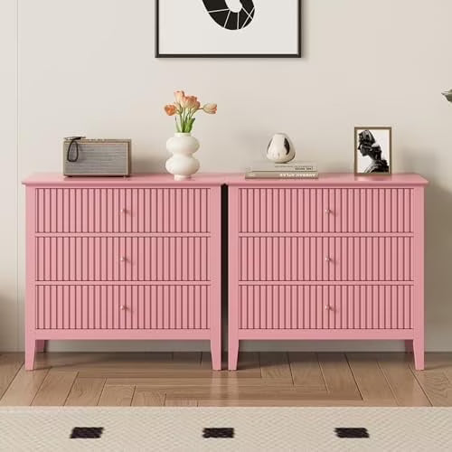 Heynemo Beige 6 Drawer Dresser, Fluted Modern Wood Chest