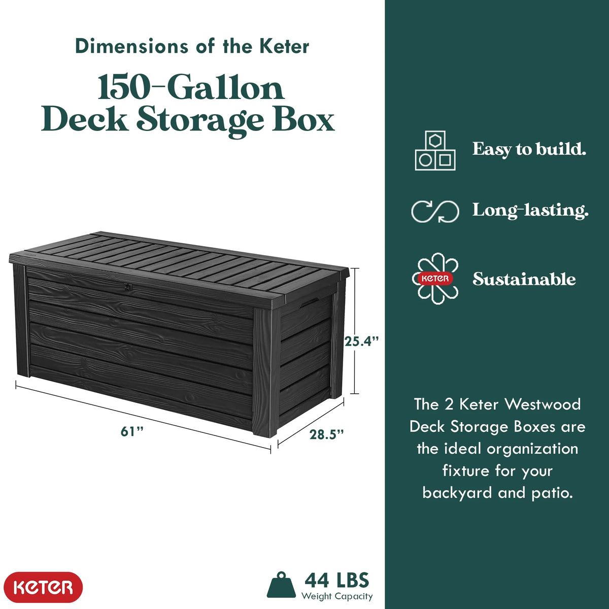 Keter Westwood Outdoor 150 Gallon Deck Storage Box for Tools, Grey (2 Pack)
