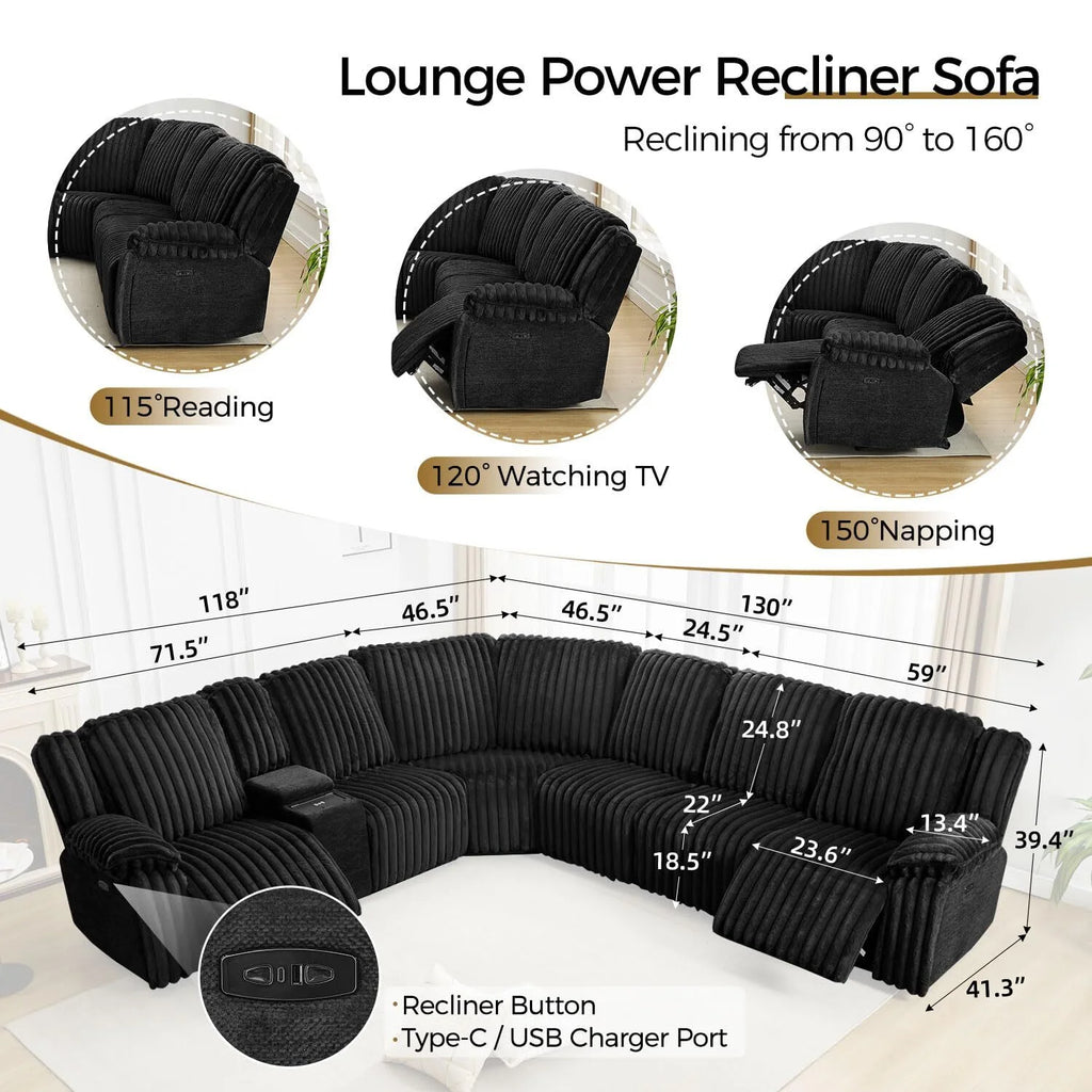 Power Reclining Sectional Sofa with Wireless Charger,6-Seater Faux Fur Sectional with Recliners,Hidden Cup Holders,Storage Console,USB & Type-C Ports,Black