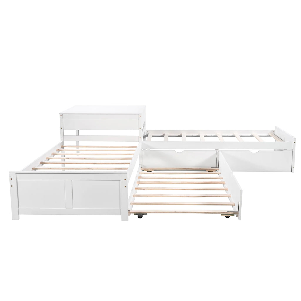 Euroco Wood Twin Size L-Shaped Platform Bed with Square Storage Table for Kids Teens, 2 Platform Beds with Trundle and Drawers for Living Room, 3 Twin Beds, Gray
