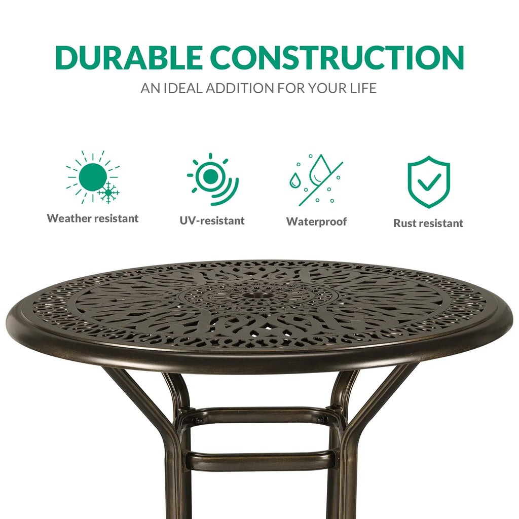 VIVIJASON 35.2" Patio Height Bar Table, All-Weather Cast Aluminum Bar Bistro Table Outdoor Patio Round Dining Table with Umbrella Hole for Balcony, Lawn, Garden, Backyard, Antique Bronze