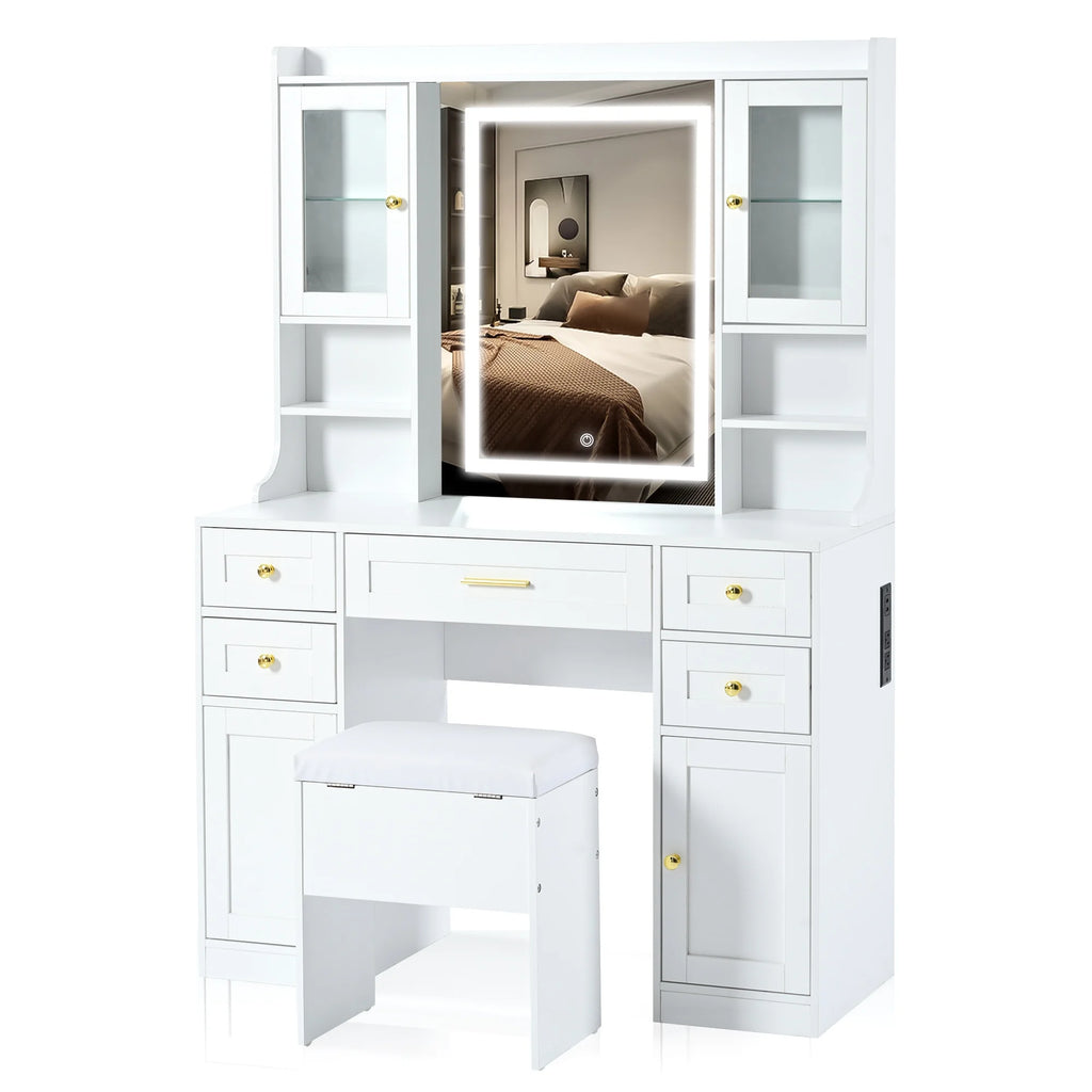 PORKISS Makeup Vanity with Mirror, Vanity Desk Set with 3 Colors Lights, Charging Station and Cushioned Storage Stool, Modern Dressing Table with 5 Drawers and 4 Cabinets for Bedroom, White