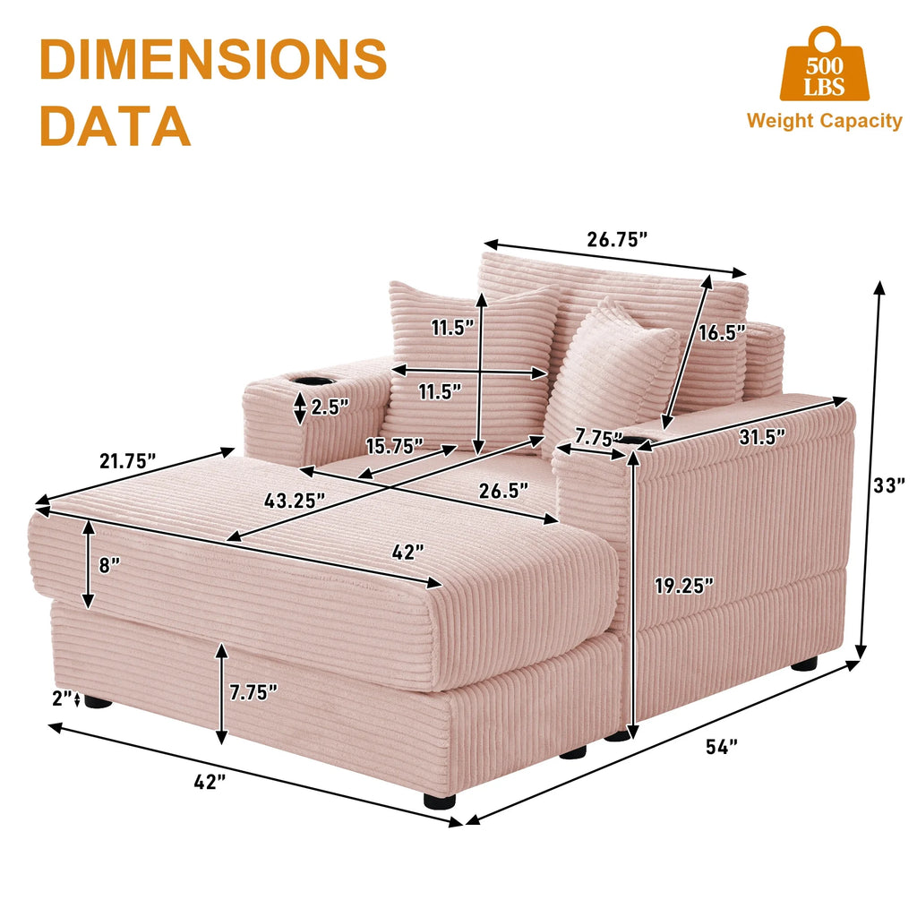 Wiilayok Oversized Lounge Chair Indoor,54" Corduroy Cloud Chaise Lounge Couch Indoor with Ottoman,Cup Holder for Living Room,Bedroom,Beige