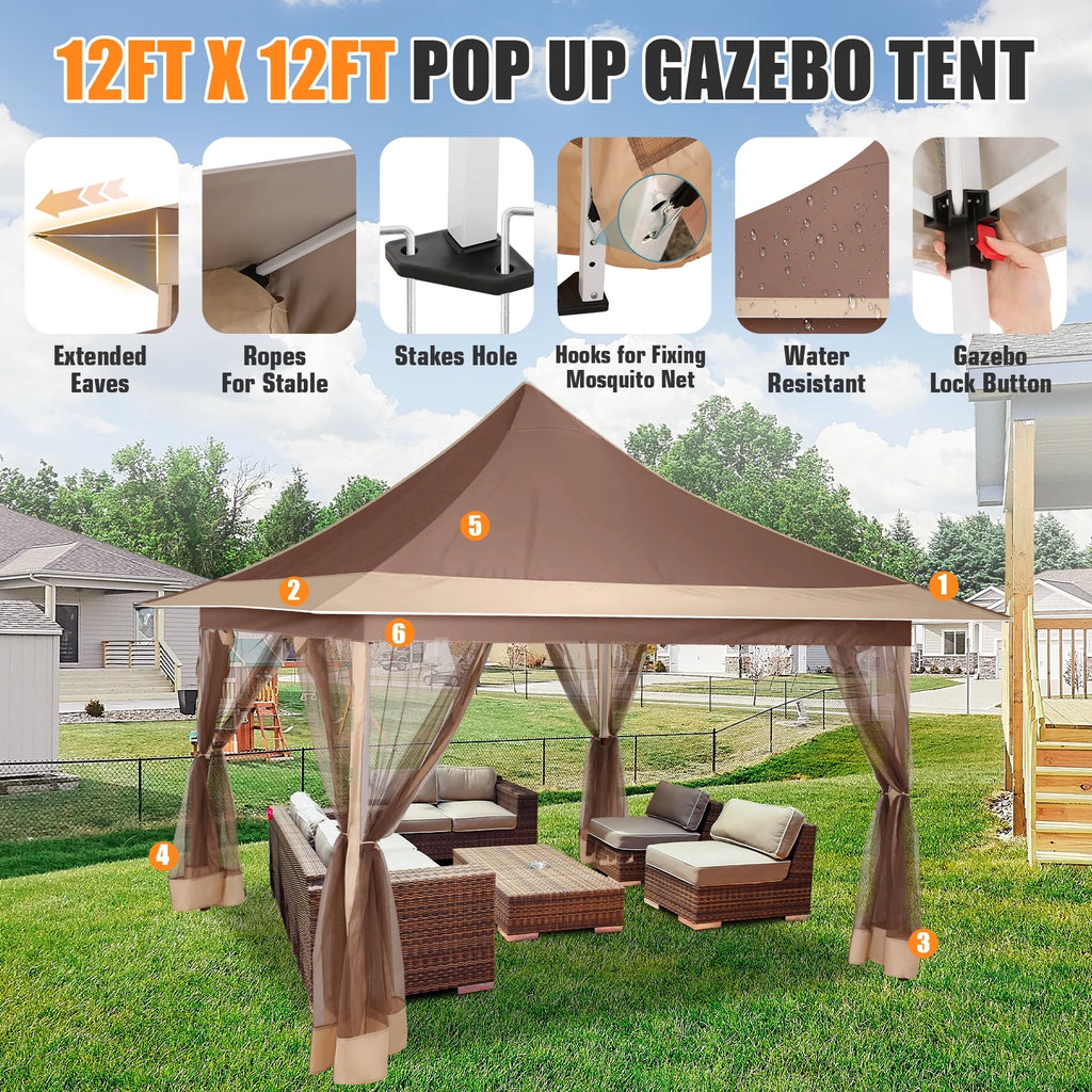 HOTEEL 12x12 EZ Pop Up Gazebo Tent with Sidewalls,Patio Gazebo Instant Shelter for Outdoor Party Camping Backyard Beach with Carry Bag,Stakes,Ropes,Gray