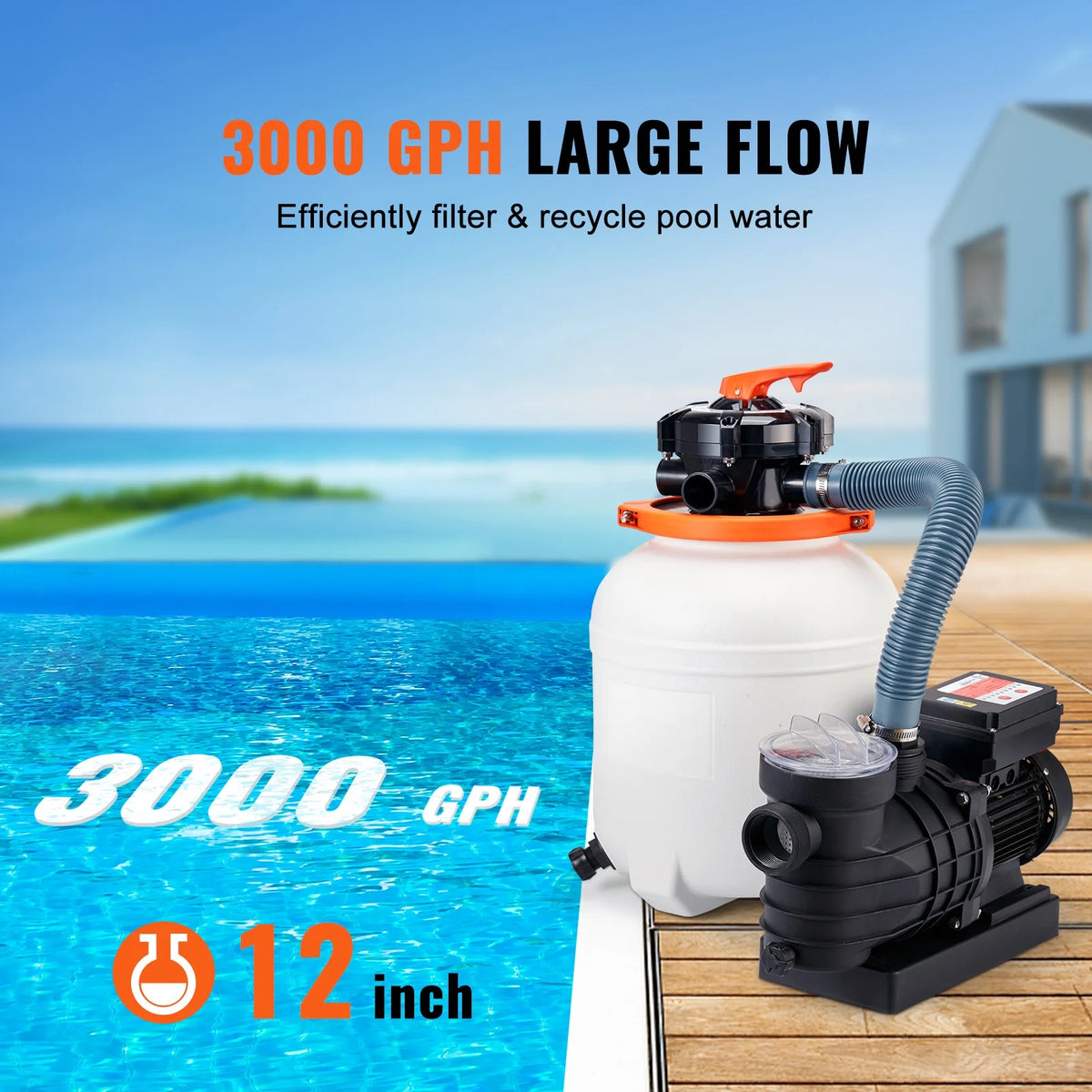 KFFKFF 12" Sand Filter Pump, 3000 GPH with 1/2 HP Pool Pump for Above Ground Pools & SPA System, 110V Swimming Pool Pump with Filter Basket, 6-Way Multi-Port Valve & Timing function